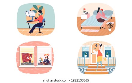 Scenes set of daily leisure and work activities performing by female. Bundle of everyday routine situations. Woman works with laptop in office, talking to colleague communicates with colleague