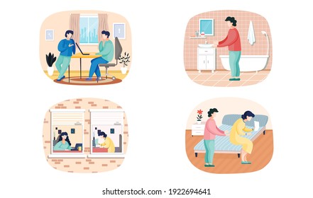 Scenes set of daily leisure and work activities performing by young people. Bundle of everyday routine situations. Woman works with laptop in office, talking to colleague communicates with man at home