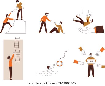 Scenes showing support for people. Set of help vector illustrations.