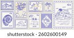 Scenes of Sicilia amalfi. Sticker with lemons and sea animals. Vintage Italian print, wall art print vector travel postcard stamp, summer emblem, placard or poster. Retro frame border element design.