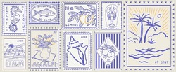 Scenes of Sicilia or amalfi. Sticker with lemons and fish. Vintage Italian print, wall art vector travel postcard stamp, summer engraving emblem, placard or poster. Retro frame border element design.