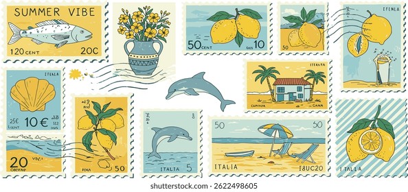 Scenes of Sicilia amalfi. Sticker with lemons and sea animals. Vintage Italian print, wall art print vector travel postcard stamp, summer emblem, placard or poster.