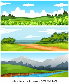 Scenes with trees and fields illustration