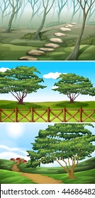 Scenes with trees and hills illustration