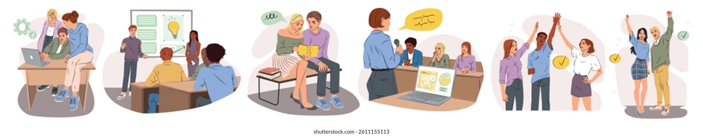 Scenes of university students discussing project. Teenage students coming up with idea, speaking at project presentation and celebrating success. Hand drawn vector illustration isolated on background