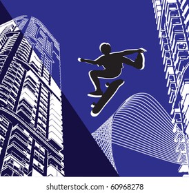 Scenes of urban life against the backdrop of houses