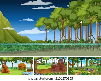 Scenes with wild animals in the forest illustration