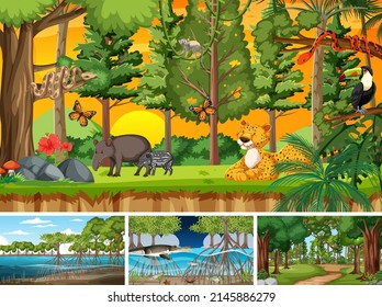 Scenes with wild animals in the forest illustration