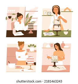 Scenes with women decorating cakes with fresh flowers and berries. Sweetcake aesthetic. Set of bakers making organic dessert. Homemade cooking collection. Isolated vector illustration in cartoon style