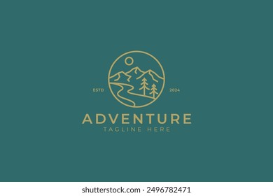 Scenic Adventure Logo Badge Design Featuring Mountains, River and Trees Illustration Element