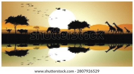 Scenic african safari landscape featuring silhouettes of elephant giraffe and acacia trees against bright sun glowing over horizon reflected in calm water.