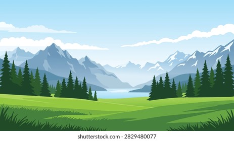 Scenic Alpine Meadow with Pine Forest, Mountain Lake and Snowy Peaks