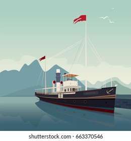 Scenic area with old cruise ship in style of retro steamer, at pier, on clear day. In the background is natural mountain landscape. Realistic flat style. Square size. Vector illustration