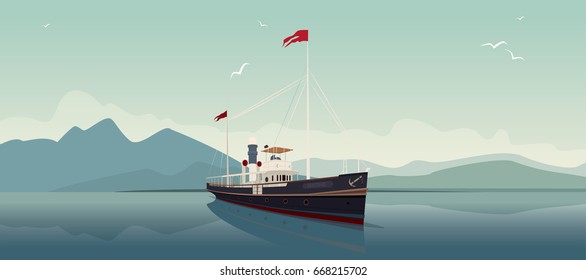 Scenic area with old cruise ship in style of retro steamer sails into the open sea, on clear day. In the background is natural mountain landscape. Realistic flat style. Vector illustration