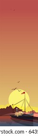 Scenic area with old ship at pier at sunset. In the background the natural mountain romantic view with Sun. Realistic flat style. Vertical template for card or flyer. Vector illustration