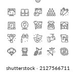 Scenic arts. Stage costume. Theater and audience. Flower bouquet. Pixel Perfect Vector Thin Line Icons. Simple Minimal Pictogram