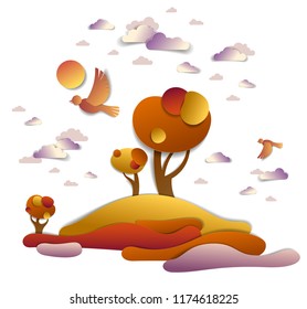 Scenic autumn landscape of meadows and trees, cloudy sky with birds and sun, fall fields and grasslands vector illustration in paper cut kids style. Autumn in countryside, travel and tourism.