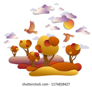 Scenic autumn landscape of meadows and trees, cloudy sky with birds and sun, fall fields and grasslands vector illustration in paper cut kids style. Autumn in countryside, travel and tourism.