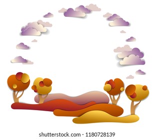 Scenic autumn landscape of meadows and trees, background with copy space, cloudy sky, vector illustration in paper cut kids style. Autumn in countryside, travel and tourism.  