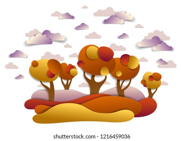 Scenic autumn landscape of meadows and trees, cloudy sky with birds and sun, fall fields and grasslands vector illustration in paper cut kids style. Autumn in countryside, travel and tourism.