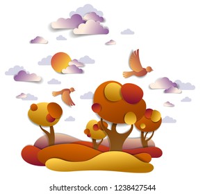 Scenic autumn landscape of meadows and trees, cloudy sky with birds and sun, fall fields and grasslands vector illustration in paper cut kids style. Autumn in countryside, travel and tourism.