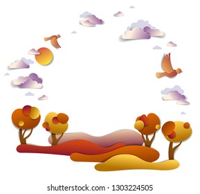 Scenic autumn landscape of meadows and trees, background with copy space, cloudy sky with birds and sun, vector illustration in paper cut kids style. Autumn in countryside, travel and tourism.