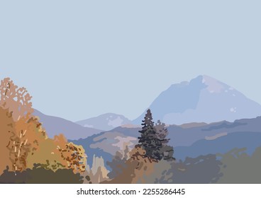 Scenic autumn mountain view under blue cloudy sky. Vector landscape. Horizontal A4 format