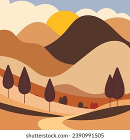 scenic autumn nature landscape illustration with hills trees sun and blue cloudy sky flat vector