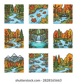 Scenic autumn river and waterfall landscape icons