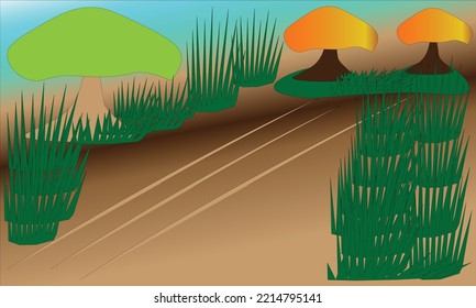 scenic background of trees, road, green grass and blue sky
