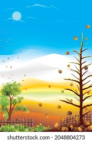 scenic background to welcome autumn. with a snow-covered mountain in the background and two trees and fallen leaves as well as blue and orange clouds typical of autumn. use for caption or background