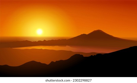Scenic Bali Landscape: Mount Batur Sunset Over Tropical Mountains and Serene Lake Reflection, Perfect Destination for Adventure, Hiking, and Travel Photography in Southeast Asia