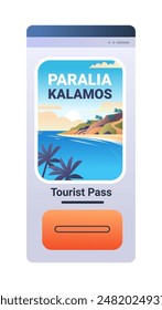 Scenic beach landscape with palm trees hills and blue sea displayed on mobile screen
