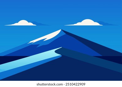 A scenic blue mountain topped with snow and fluffy clouds above