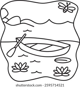 Scenic Boat on Lake Coloring Page | Cute Bold Line Art | Easy Printable for Kids And Adults | Relaxing Nature Scene with Water Lilies And Dragonfly