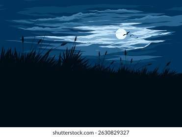 Scenic calm night illustration with grass silhouette, grass and flying birds