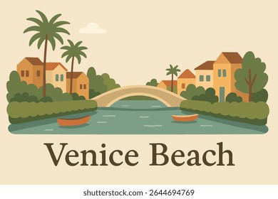 The scenic canals of Venice Beach, California, offering peaceful water views surrounded by palm trees and a laid-back coastal atmosphere, perfect for a relaxing stroll