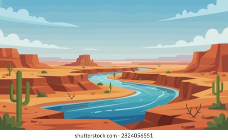 Scenic canyon landscape featuring a blue river winding through red rock desert valleys under a cloudy sky.