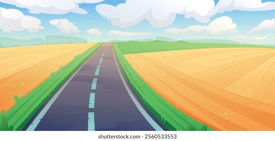 A scenic cartoon illustration. Game children background with countryside road surrounded by vibrant green fields and golden wheat under bright blue sky with fluffy clouds.