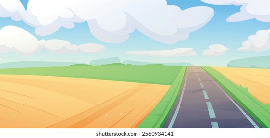 A scenic cartoon illustration. Game children background with countryside road surrounded by vibrant green fields and golden wheat under bright blue sky with fluffy clouds.