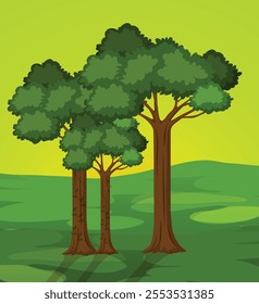 Scenic Cartoon tree Forest Landscape Illustration – Lush Green Trees with Layered Foliage on a Vibrant Grassy Background