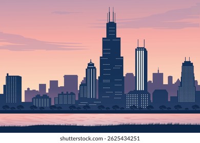 Scenic Chicago Cityscape at Golden Hour Featuring Landmark Towers, Downtown Buildings, and a Calm Riverfront Silhouetted Against a Pastel Gradient Sky