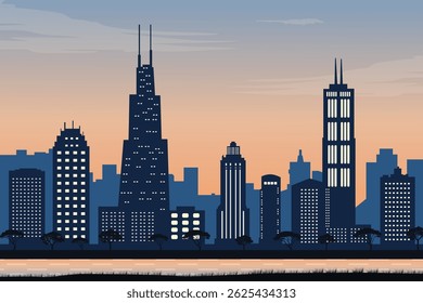 Scenic Chicago Cityscape at Golden Hour Featuring Landmark Towers, Downtown Buildings, and a Calm Riverfront Silhouetted Against a Pastel Gradient Sky