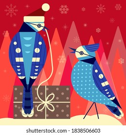 Scenic Christmas birds illustration with winter backyard birdies, Xmas trees and snowflakes on background. Blue Jay bird couple in Santa Xmas hat with pompom opening Christmas gift.