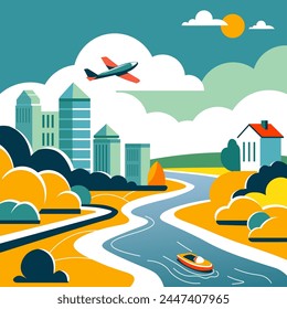 Scenic cityscape with river curves, vector illustration in flat design, highlighting urban transportation and nature harmony.