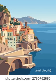 Scenic coastal view inspired by the Amalfi Coast in Italy featuring pastel hillside buildings, winding cliffside roads, arched bridges, and calm blue Mediterranean waters. Captures the romantic atmosphere and dramatic seaside architecture of Southern Italy with warm tones and layered coastal scenery.