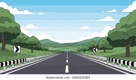 Scenic Country Road on a Sunny Day With Rolling Hills and Trees
