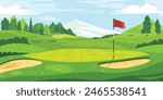 Scenic Countryside Golf Course with Flags, Lush Greens, and Sand Bunkers. Cartoon Vector Illustration. Hand drawn