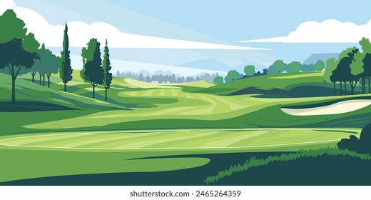 Scenic Countryside Golf Course with Flags, Lush Greens, and Sand Bunkers. Cartoon Vector Illustration. Hand drawn