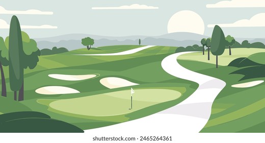 Scenic Countryside Golf Course with Flags, Lush Greens, and Sand Bunkers. Cartoon Vector Illustration. Hand drawn